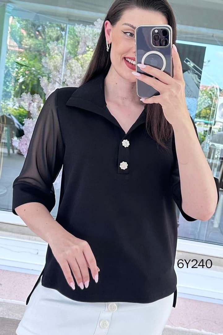 Düğme Detaylı Şifon Kollu Modal Bluz