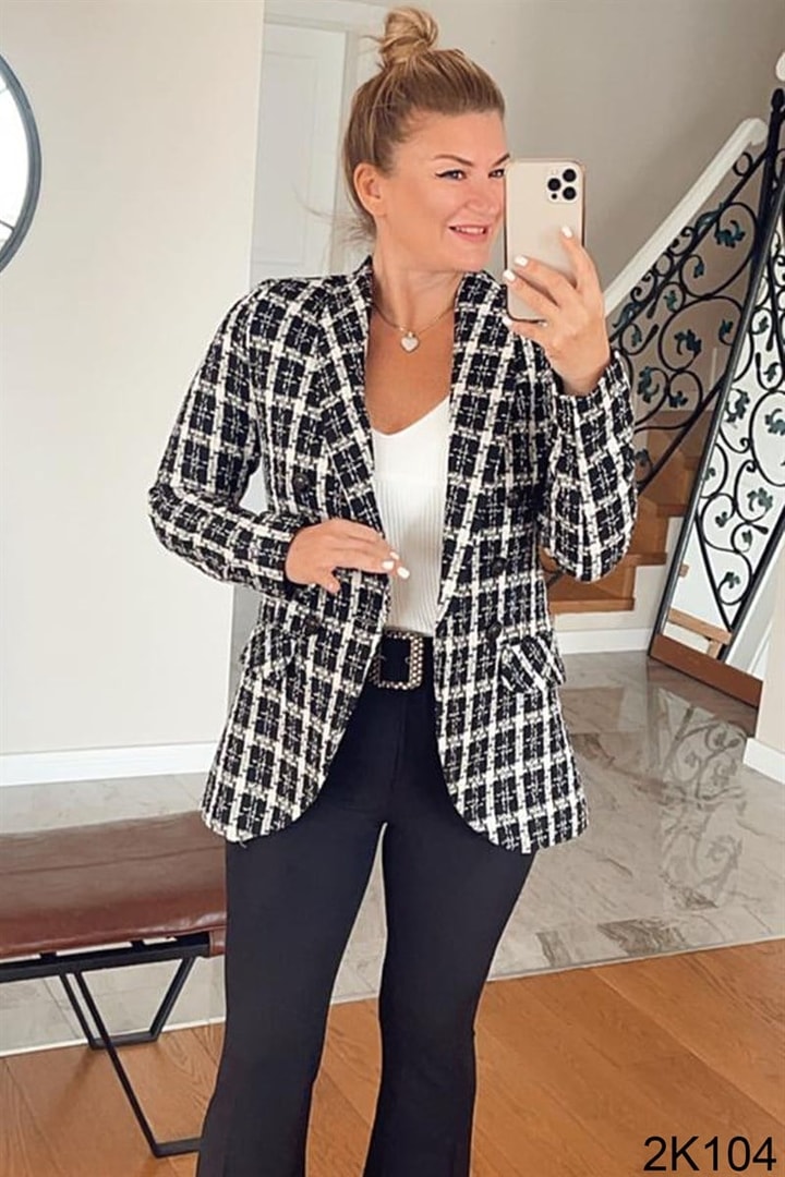 Ekose Desen Blazer Ceket