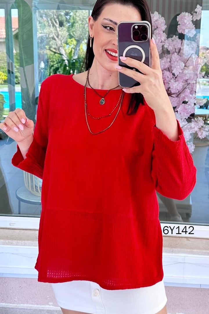 Eteği Kafes Kumaş Keten Bluz