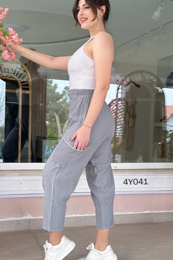 File Cepli Keten Harem Pantolon