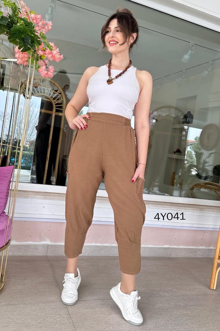 File Cepli Keten Harem Pantolon
