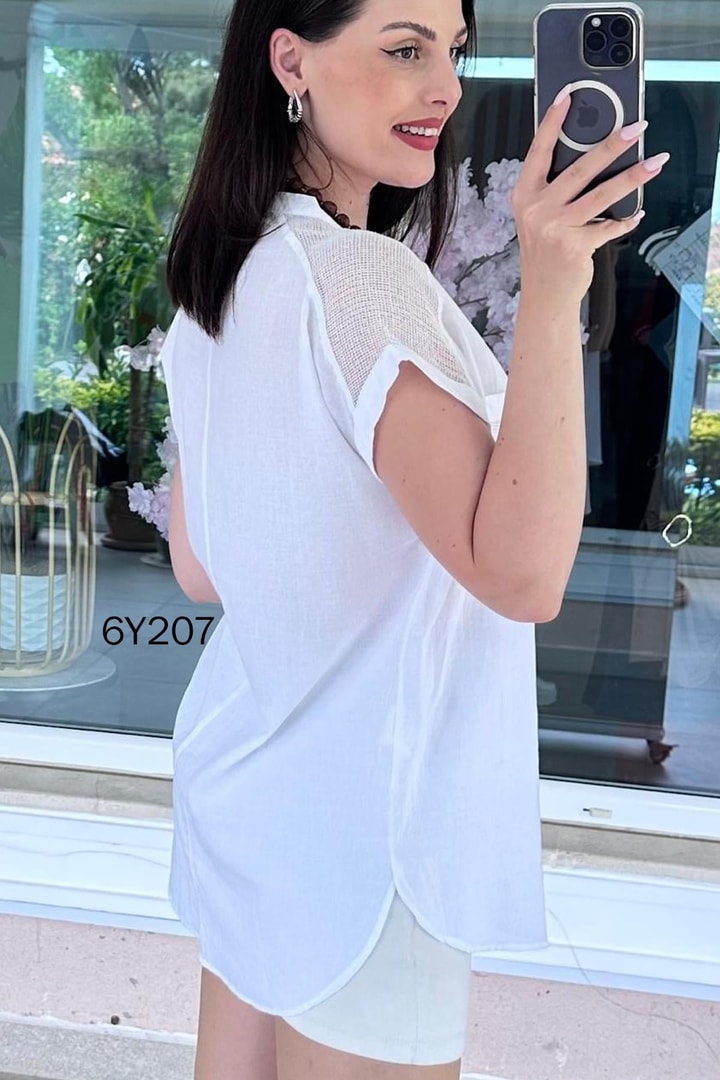 File Detay Yıkamalı Pamuk Kumaş Bluz