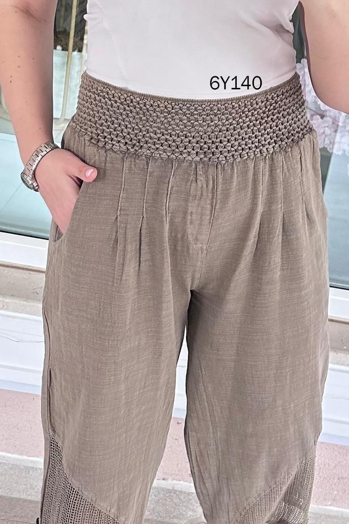 Fileli Keten Harem Pantolon