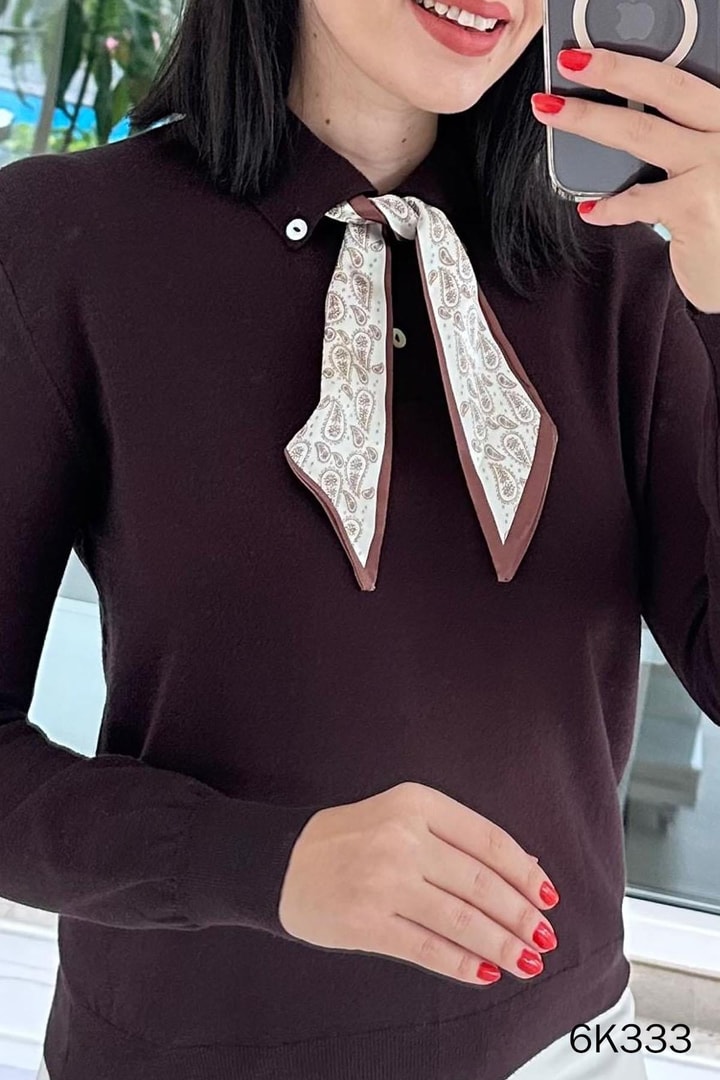 Fularlı Uzun Kol Triko Bluz