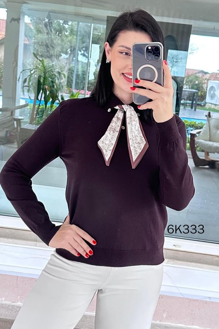 Fularlı Uzun Kol Triko Bluz