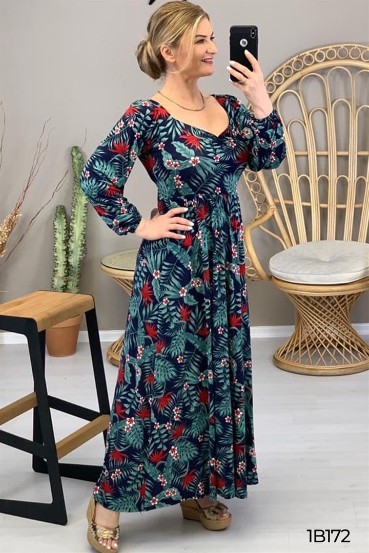 Full Likralı Beli Lastikli Desenli Elbise