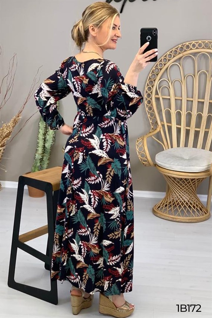 Full Likralı Beli Lastikli Desenli Elbise