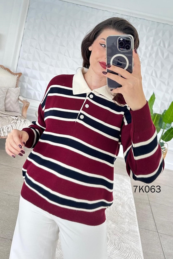 Kalın Çizgili Polo Yaka Triko Bluz