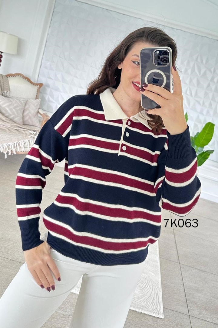Kalın Çizgili Polo Yaka Triko Bluz