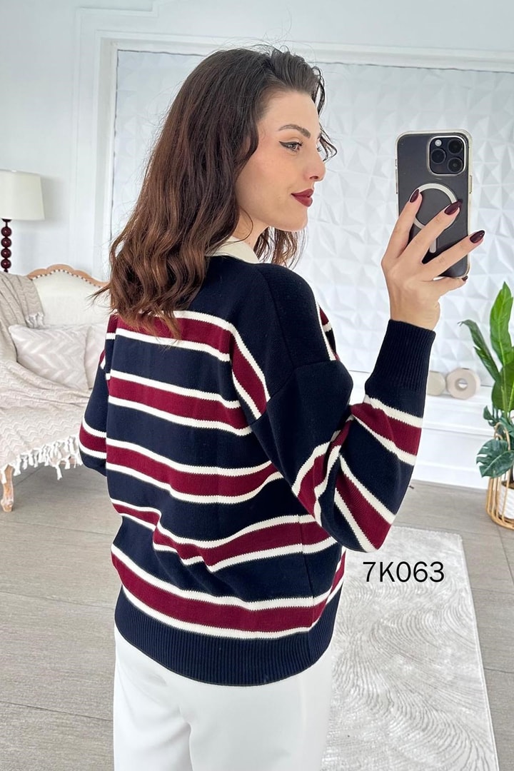 Kalın Çizgili Polo Yaka Triko Bluz