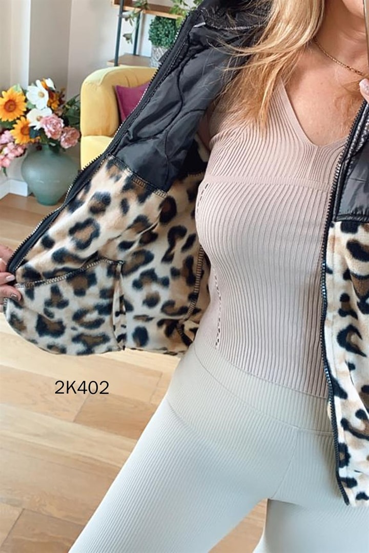 Kapitone Detay Leopar Desenli Mont