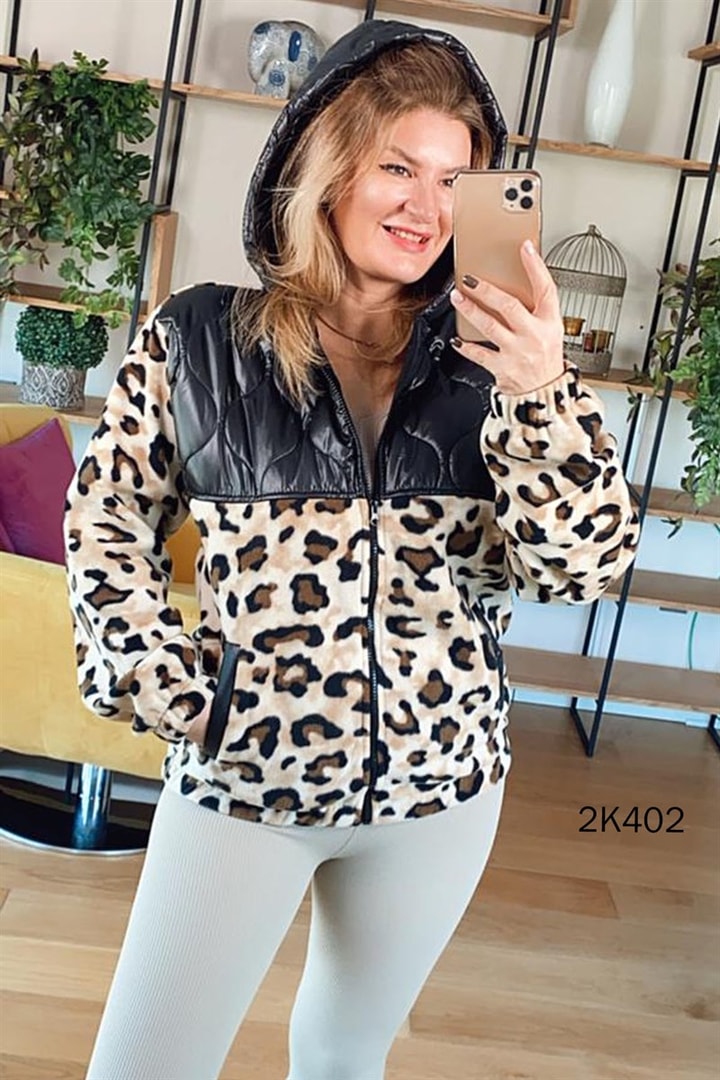 Kapitone Detay Leopar Desenli Mont