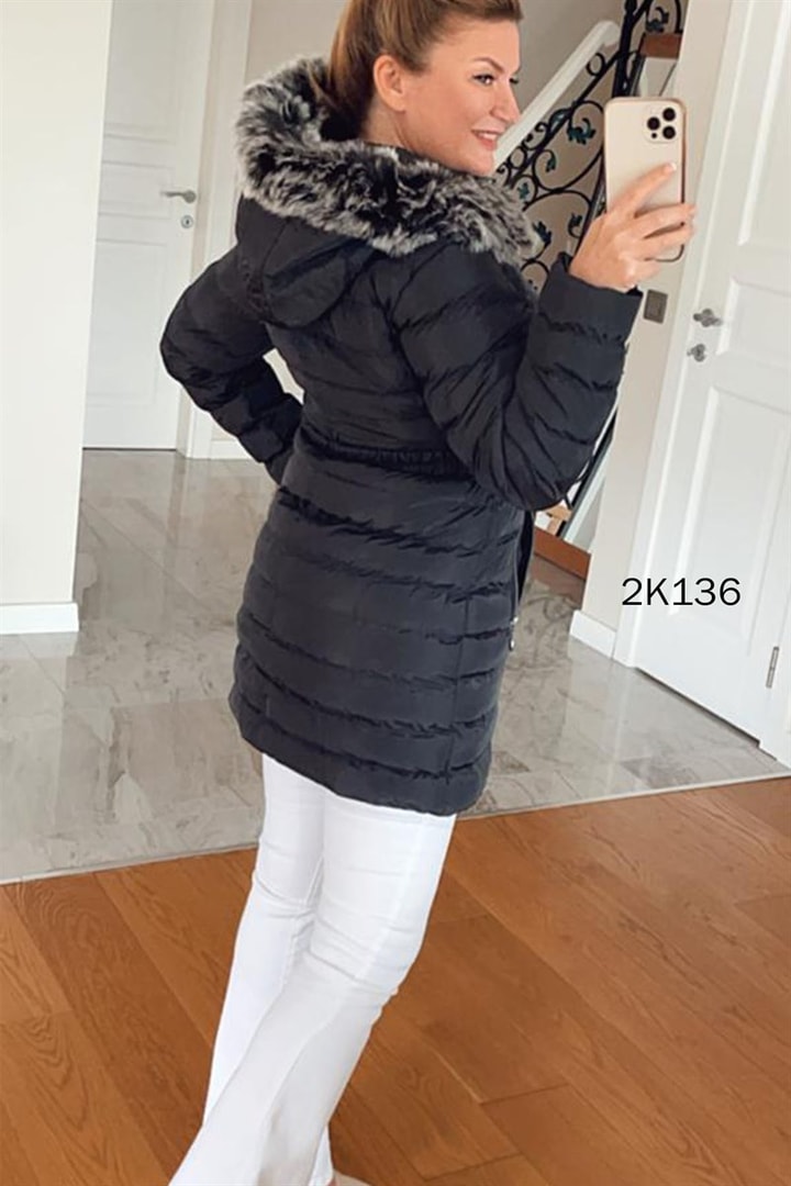 Kapşonlu Beli Kemerli Şişme Mont