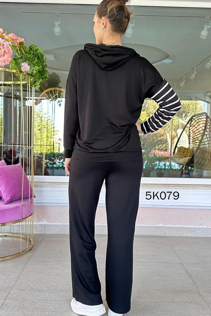 Kapşonlu Modal Kumaş Çizgili Takım