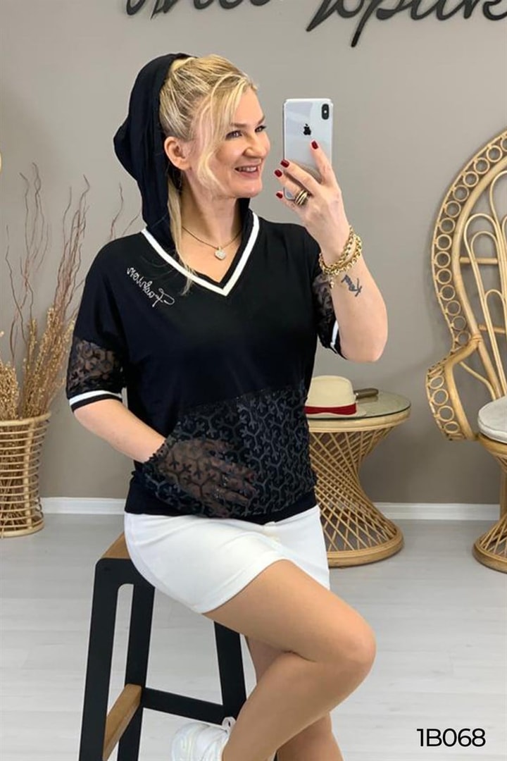 Kapşonlu Taş Detay Bluz