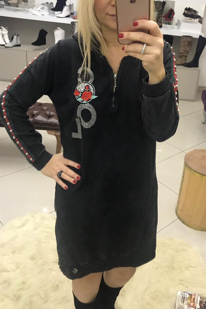 Kapşonlu Taşlı Elbise
