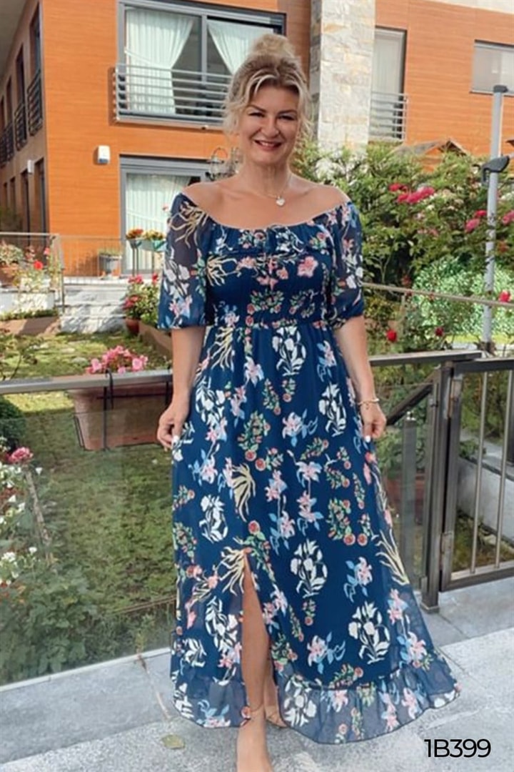 Kare Yaka Beli Lastikli Şifon Elbise