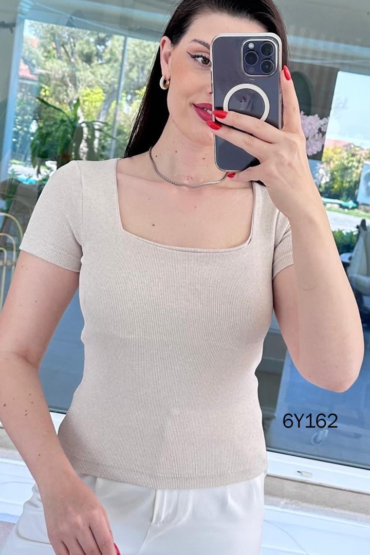 Kare Yaka Fitilli Kaşkorse Tshirt