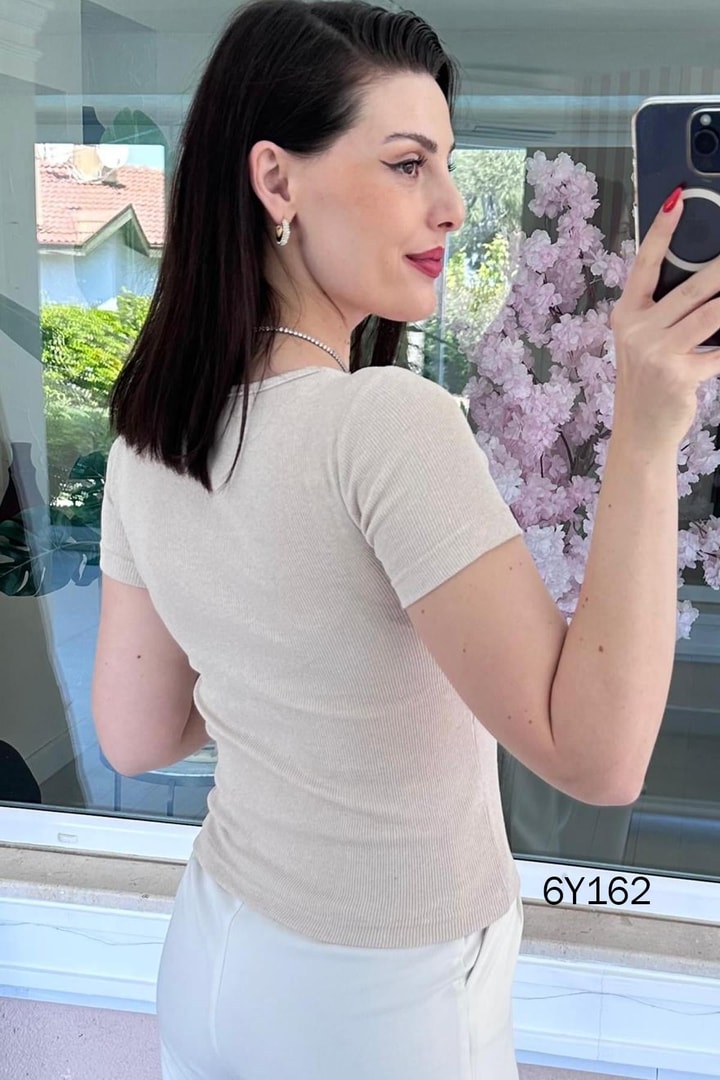 Kare Yaka Fitilli Kaşkorse Tshirt