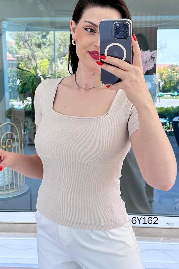 Kare Yaka Fitilli Kaşkorse Tshirt