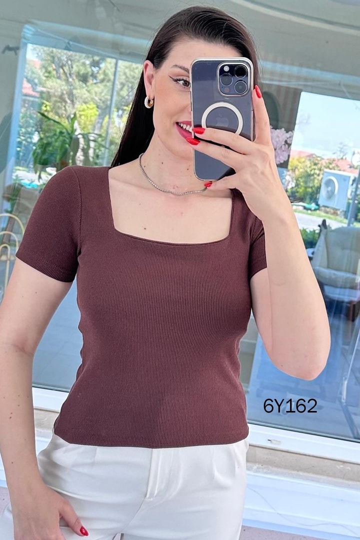 Kare Yaka Fitilli Kaşkorse Tshirt