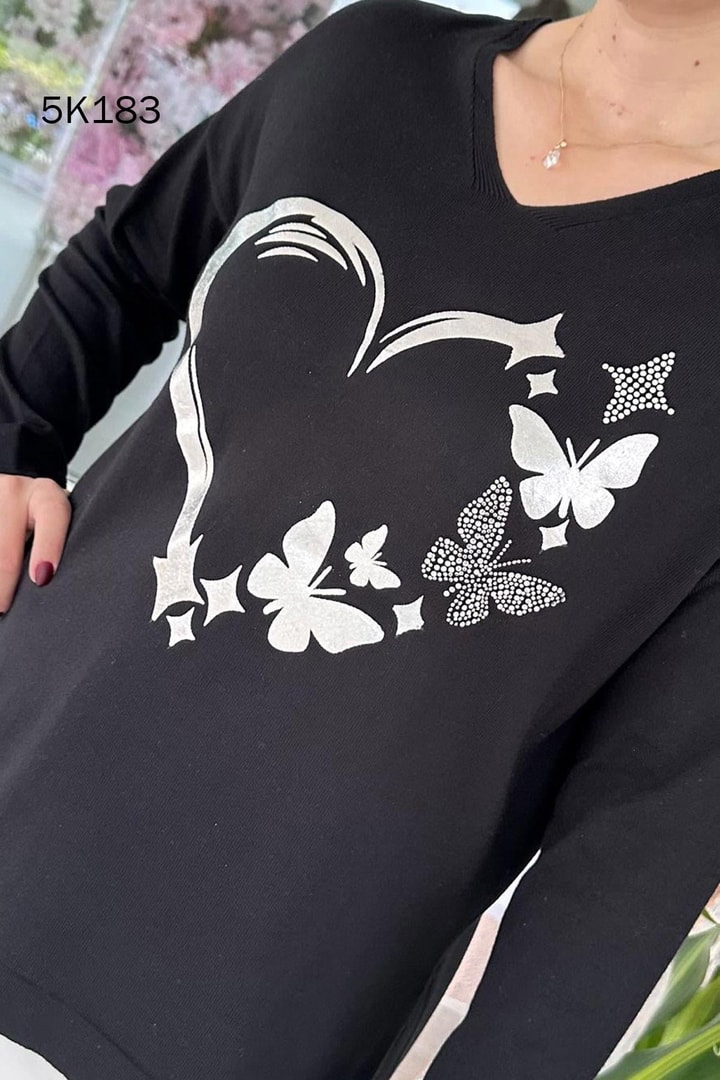 Kelebek Baskılı Triko Bluz