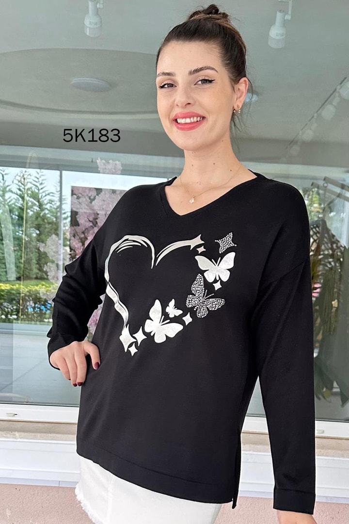 Kelebek Baskılı Triko Bluz