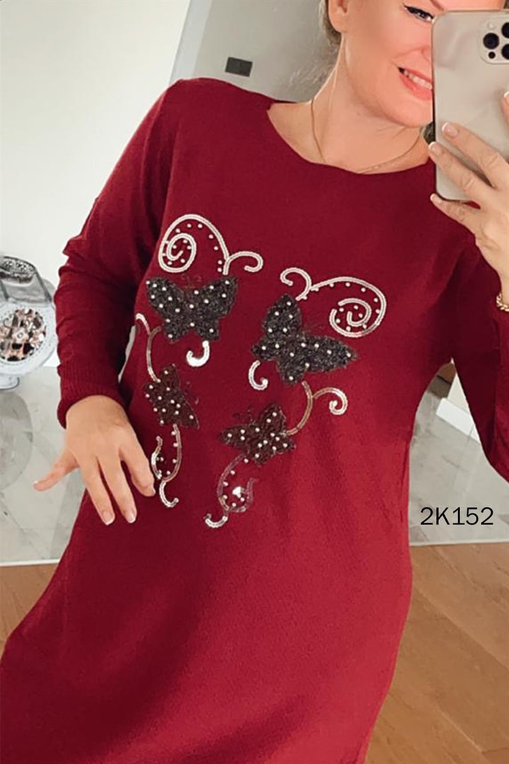 Kelebek Nakışlı Triko Elbise