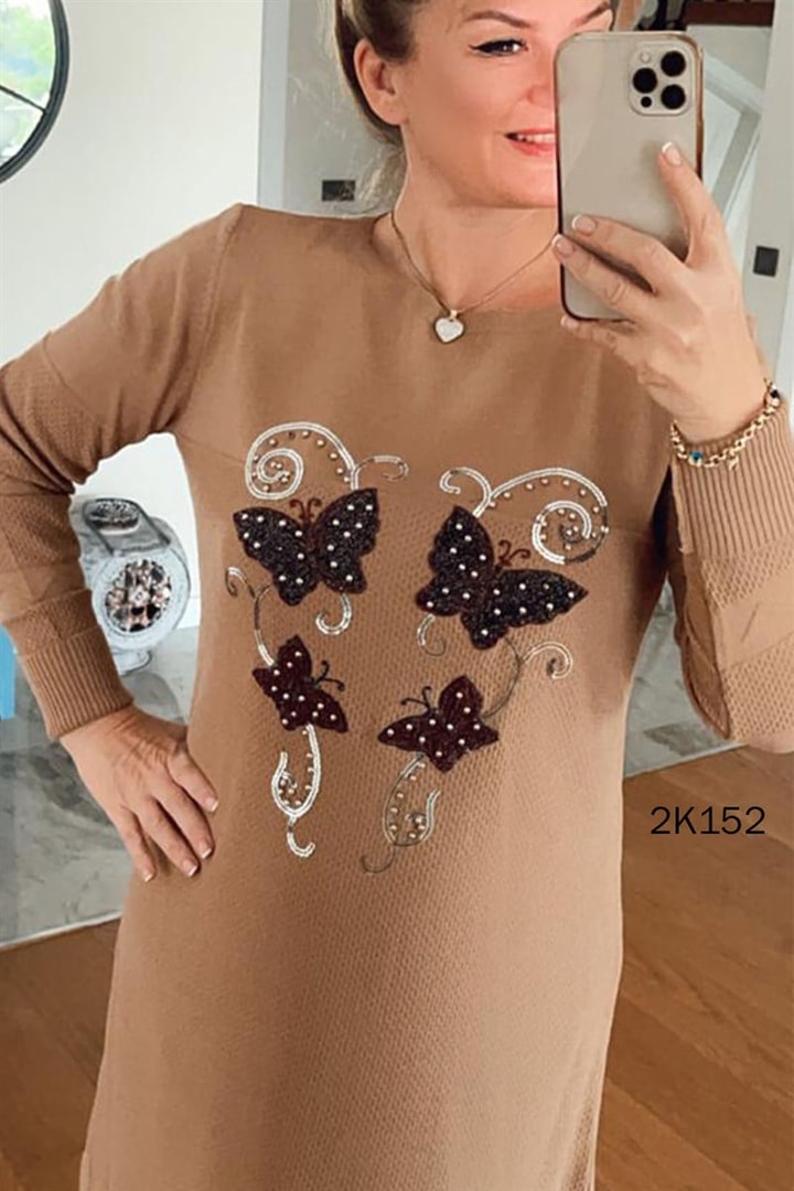 Kelebek Nakışlı Triko Elbise