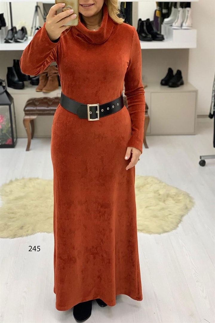 Kemerli Kadife Fitilli Elbise