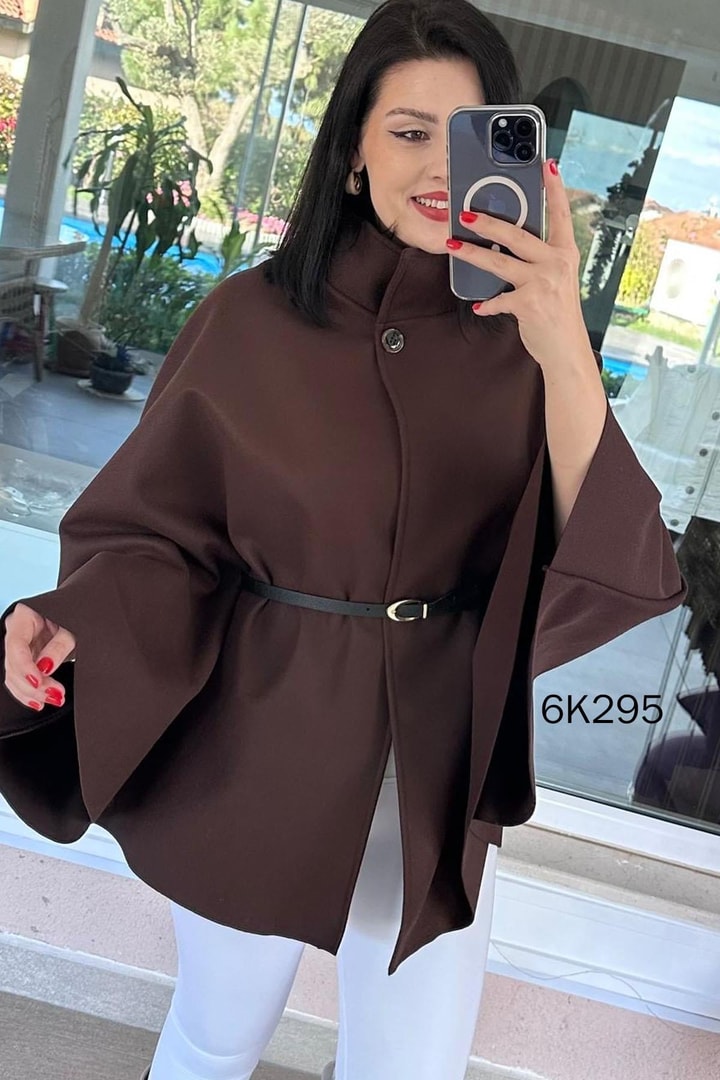 Kemerli Kaşe Pelerin