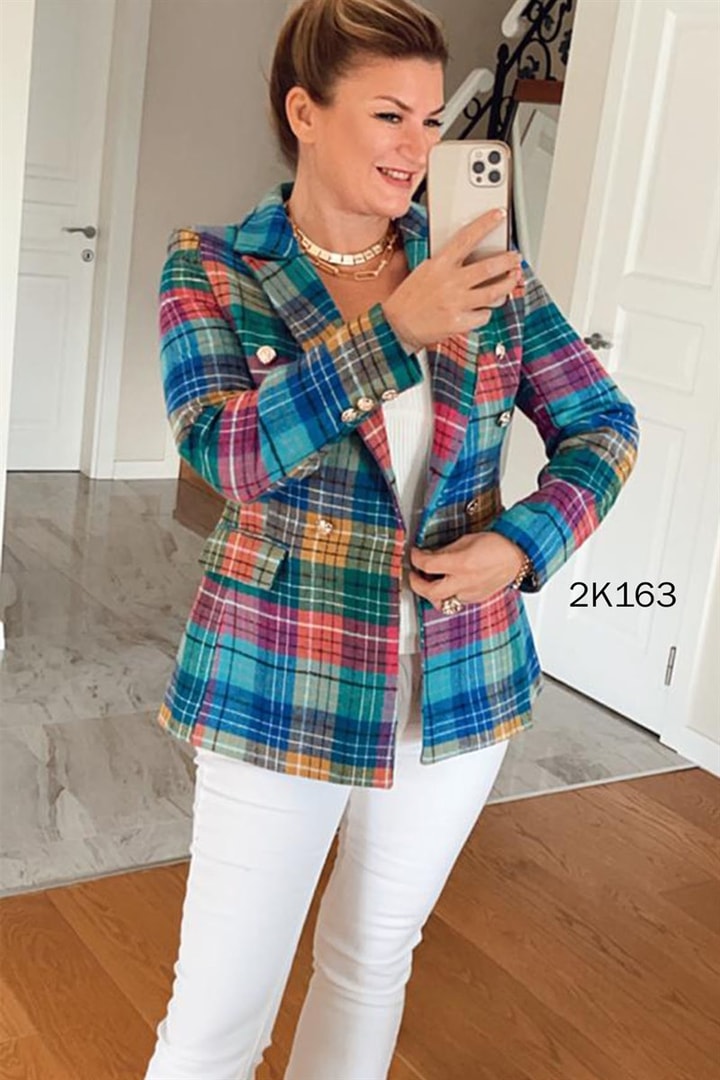 Klasik Yaka Ekose Blazer Ceket