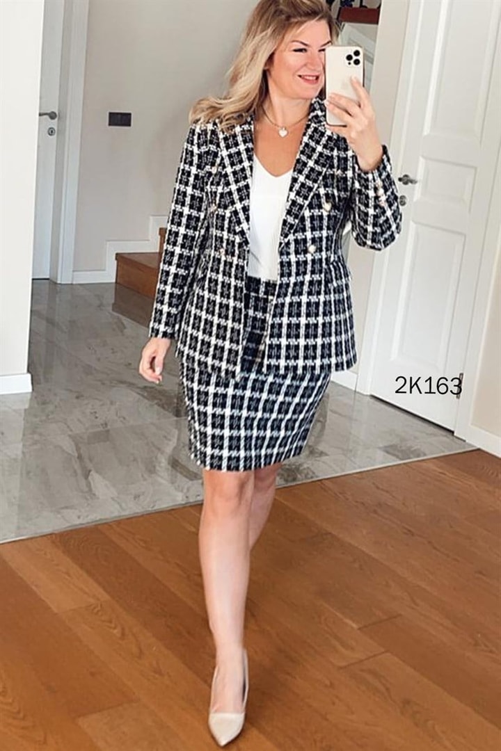 Klasik Yaka Ekose Blazer Ceket