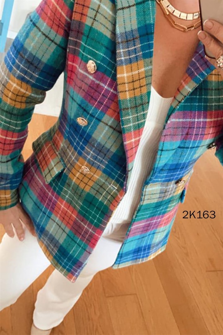 Klasik Yaka Ekose Blazer Ceket