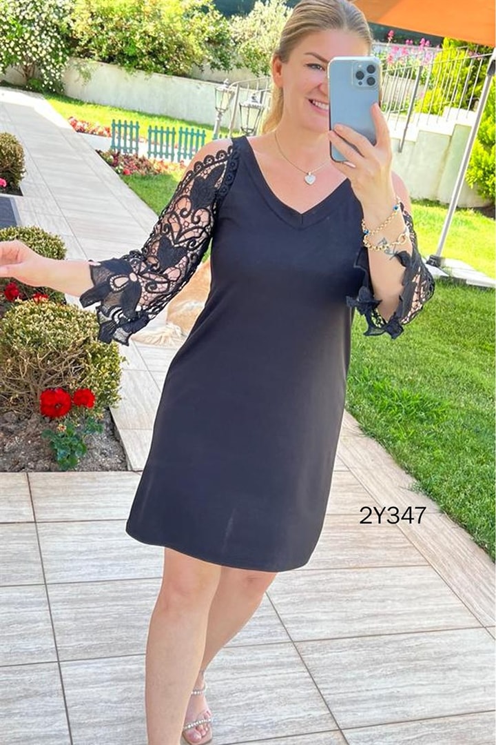 Kolları Dantel Midi Elbise