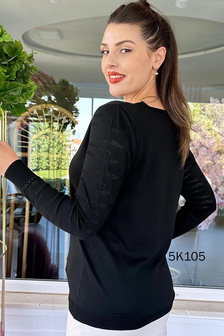 Kolları Desenli V Yaka Triko Bluz