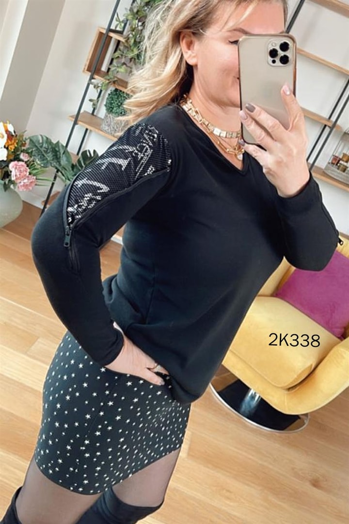 Kolları Fermuar Detay Likralı Bluz