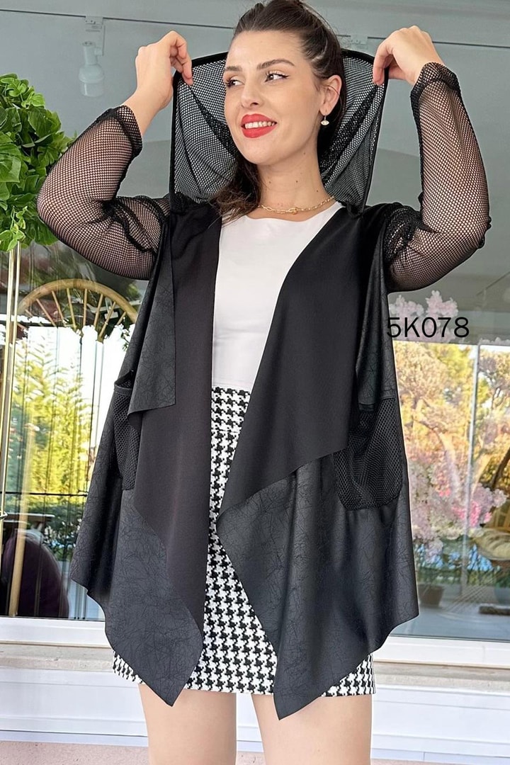 Kolları Fileli Kapşonlu Hırka