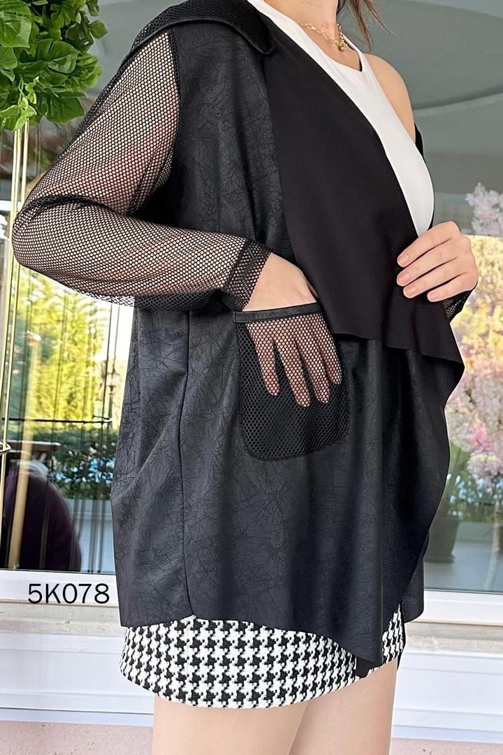Kolları Fileli Kapşonlu Hırka