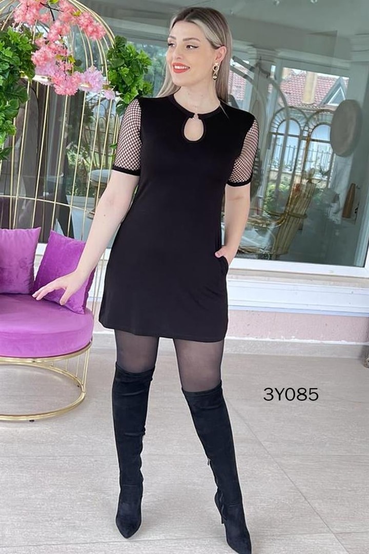 Kolları Fileli Viskon Elbise