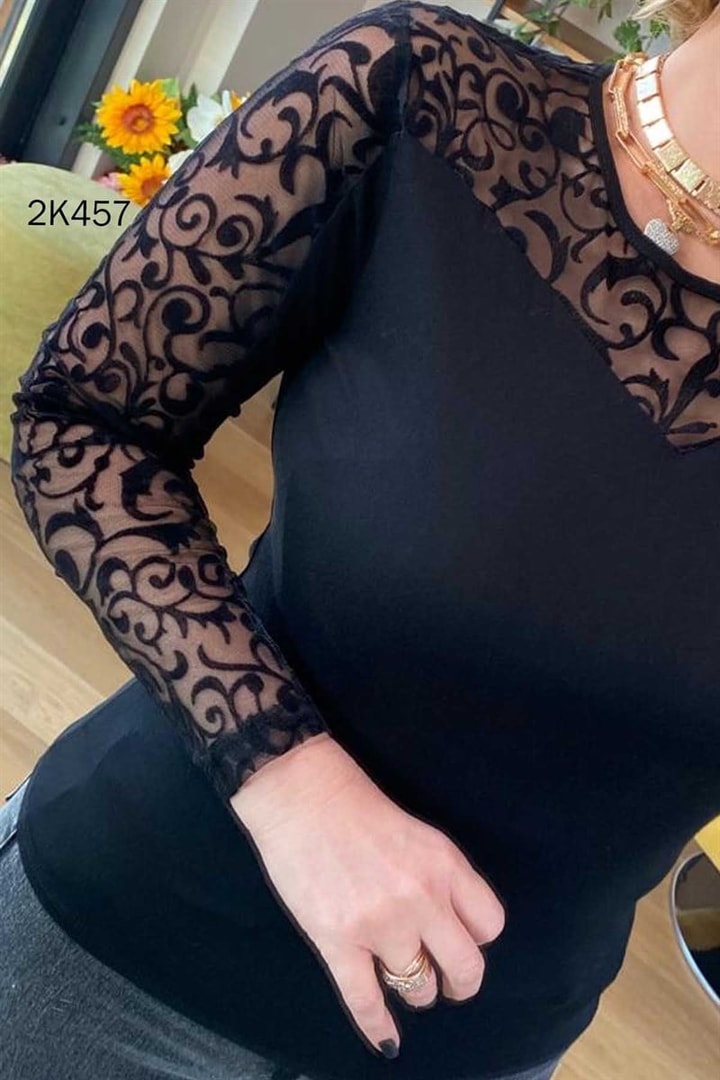 Kolları Flok Baskı Viskon Bluz
