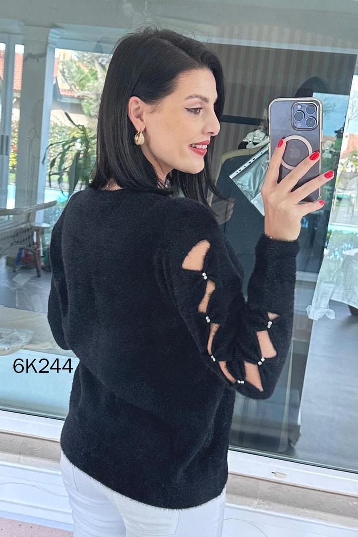 Kolları Taşlı Sakallı Triko Bluz