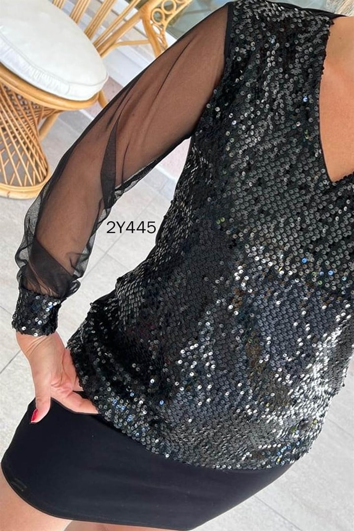 Kolları Tül Detay Pullu Bluz
