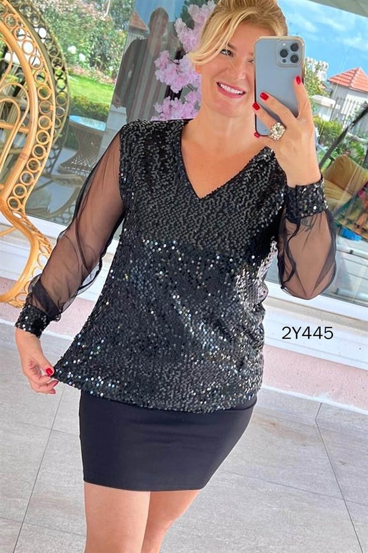 Kolları Tül Detay Pullu Bluz