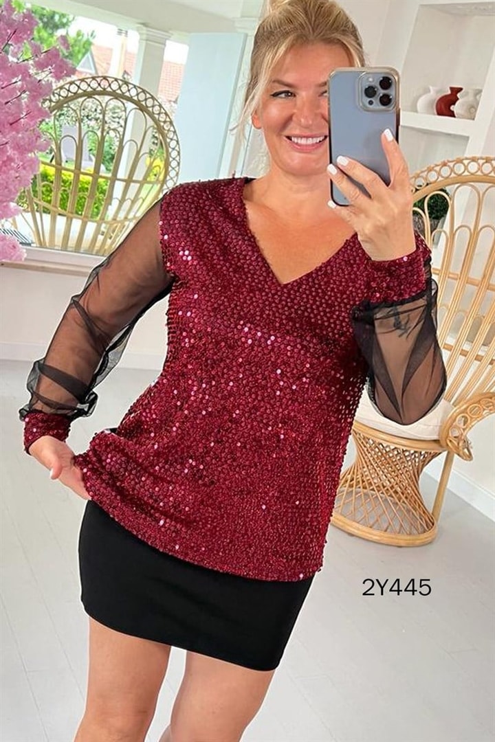 Kolları Tül Detay Pullu Bluz