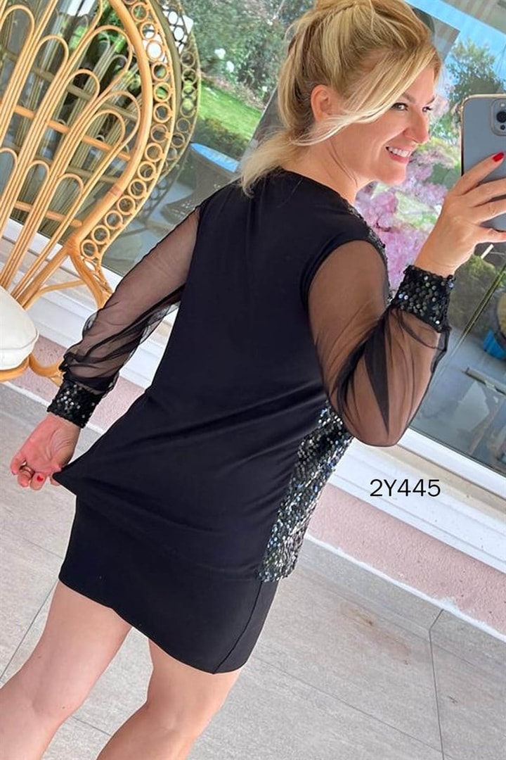 Kolları Tül Detay Pullu Bluz