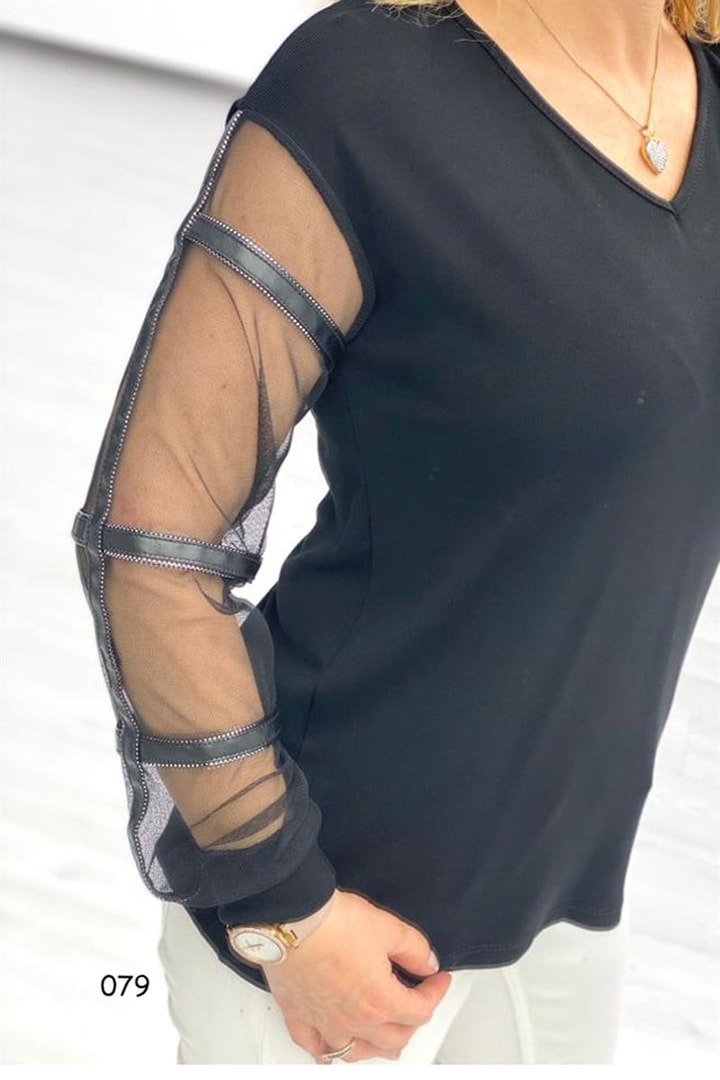 Kolları Tüllü Şeritli Body