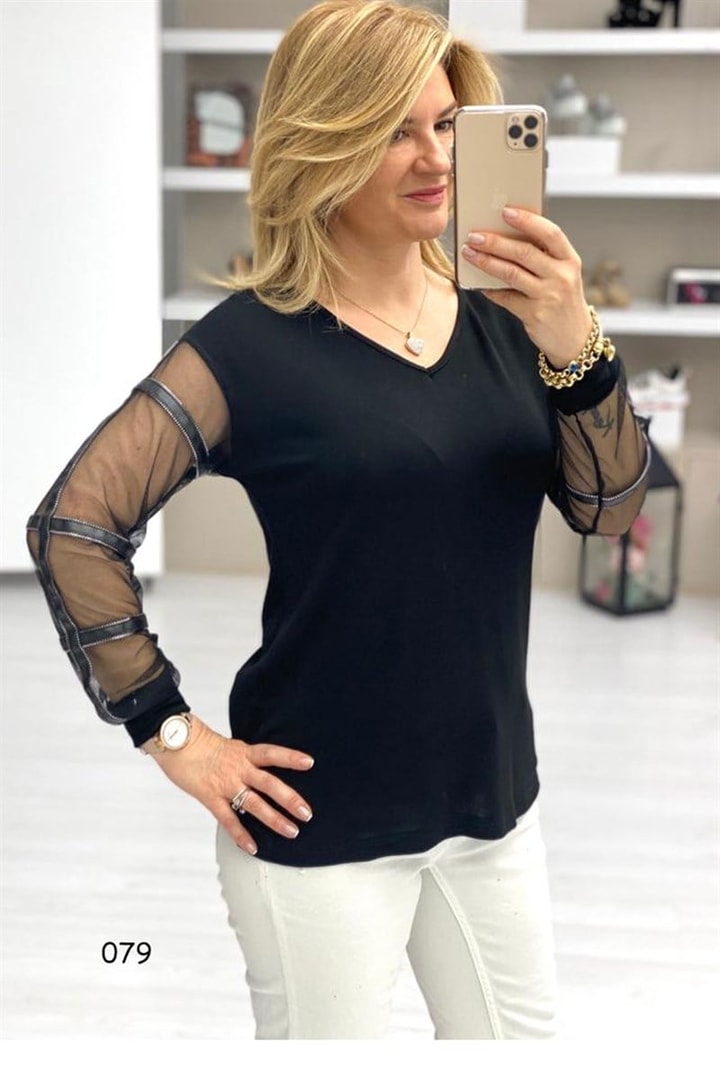 Kolları Tüllü Şeritli Body