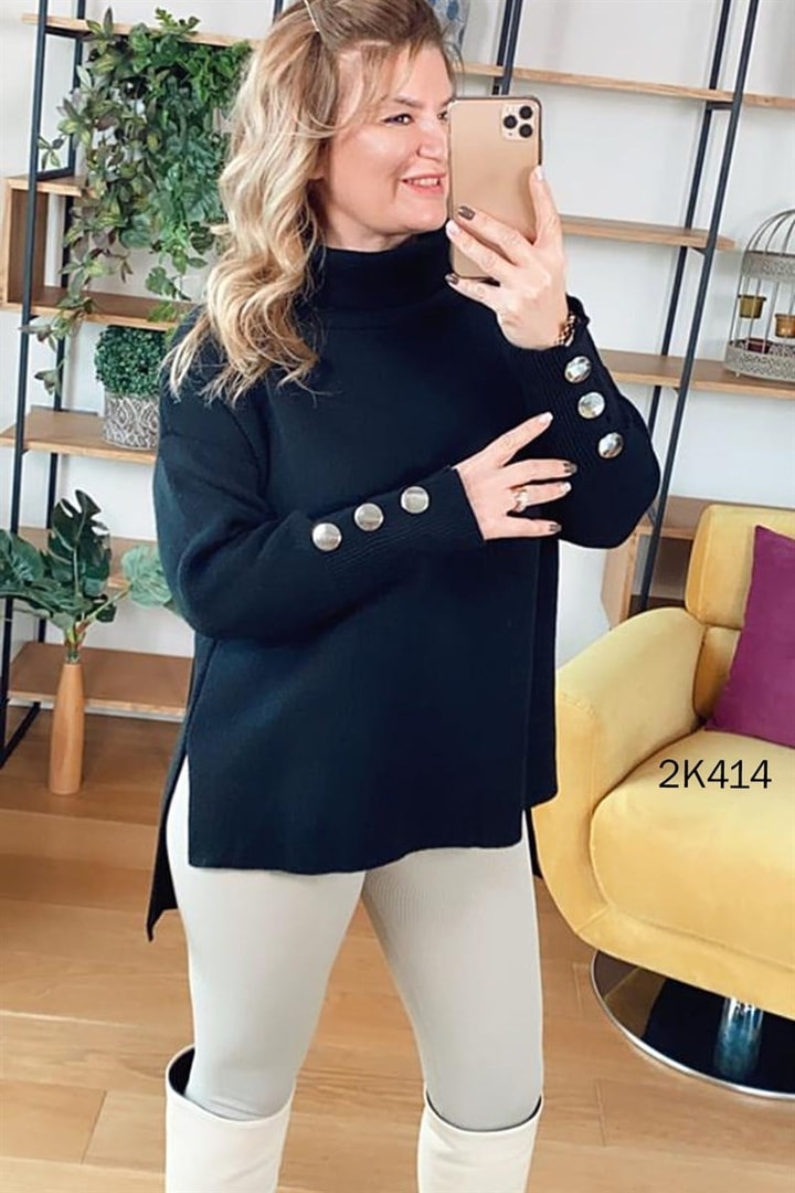 Kolu Düğmeli Boğazlı Triko Bluz