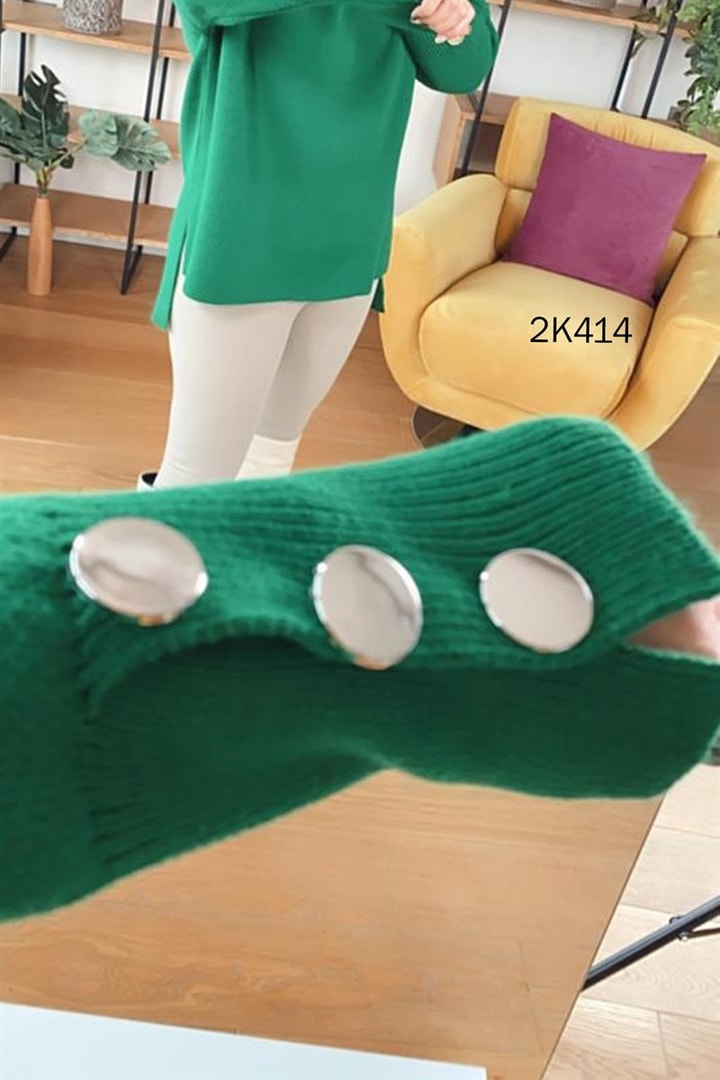 Kolu Düğmeli Boğazlı Triko Bluz